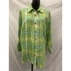 Real Comfort Plaid Linen Button Down Shirt XL Lime Green